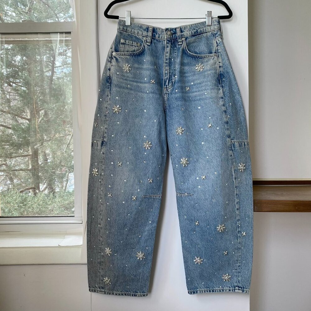 Rag & Bone Charlie Embellished Barrel Jeans Blue Floral Rhinestones 26 - Picture 4 of 17